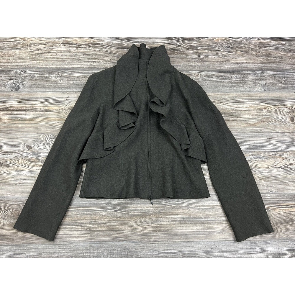 Per Se Wool Jacket Women's Size 10 Ruffle, Full-Zip Green Coat Fashion Jacket